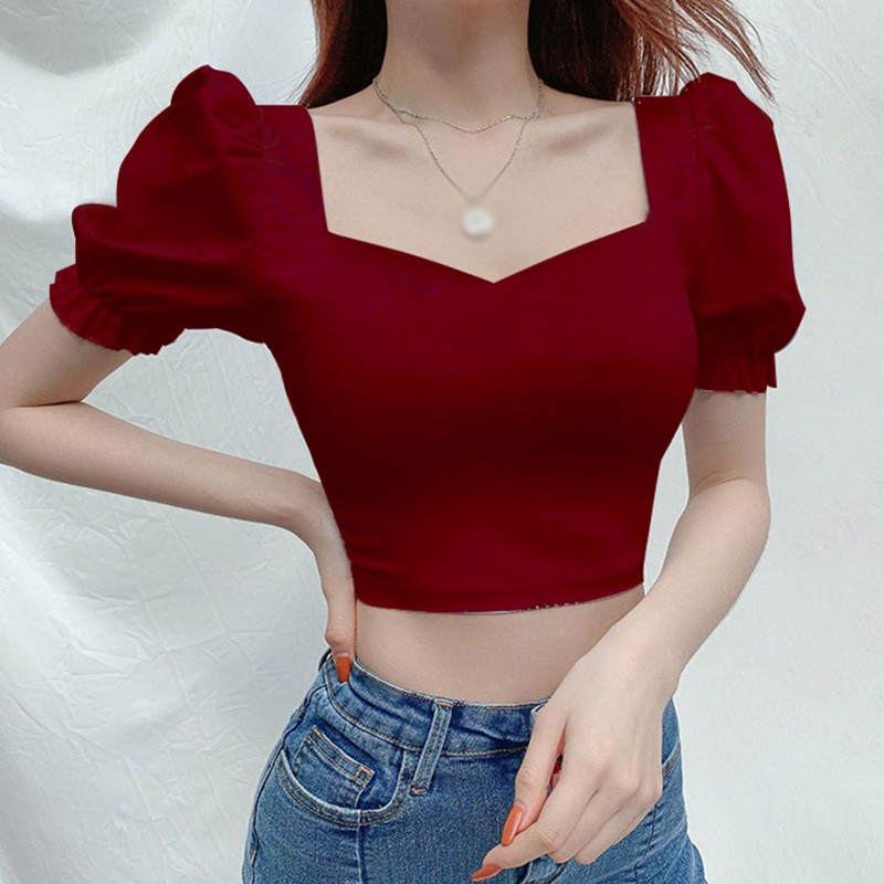 Áo Crop Top Tay Phồng Cổ Vuông Màu Trơn Dễ Thương Dành Cho Phụ Nữ