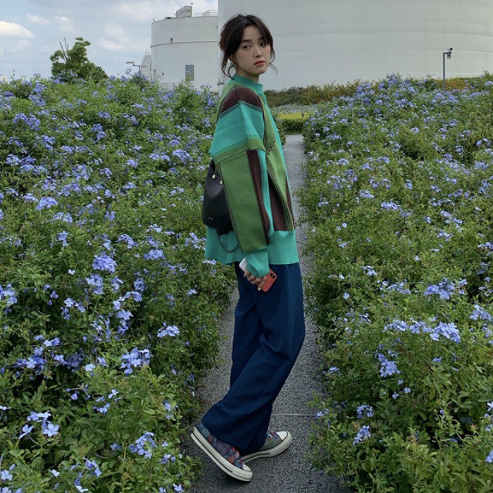 (HÀNG SẴN) Áo len nữ form rộng họa tiết kẻ sọc ô màu xanh nâu nổi bật style retro cổ điển cá tính | BigBuy360 - bigbuy360.vn