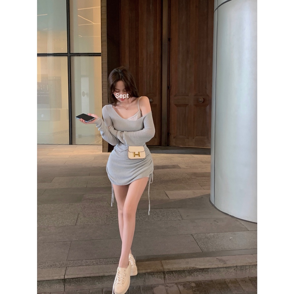 Đầm dệt kim trễ vai dáng ôm phối dây rút cá tính cho nữ