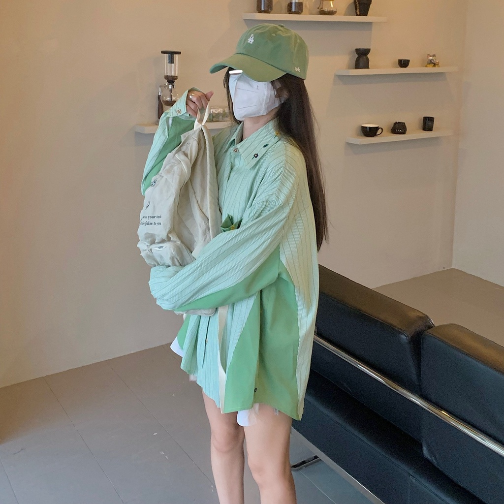 Áo Sơ Mi Nữ Dài Tay Cổ Bẻ Form Rộng Họa Tiết Sọc Vintage Thời Trang