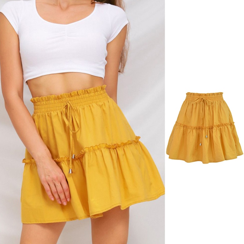 Chân Váy Xòe Chữ A Lưng Cao Màu Trơn Phối Dây Rút Phong Cách Boho Thời Trang Mùa Hè Cho Nữ