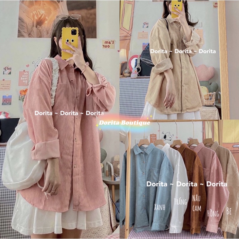 [Ảnh thật/Video] Áo sơ mi nhung ulzzang, Áo khoác ngoài nhung tăm Hàn Quốc - Dorita Boutique