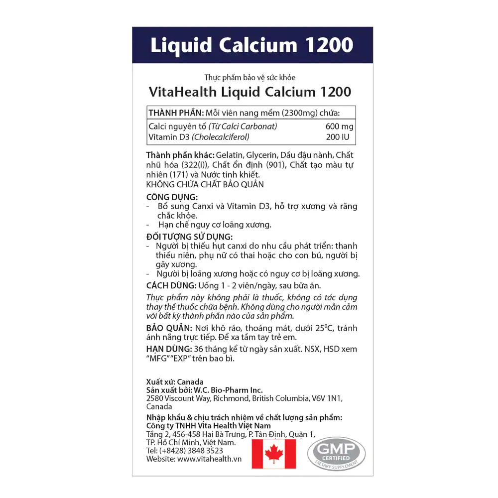 Thực Phẩm Chức Năng Viên Uống Bổ Sung Canxi Vitahealth Liquid Calcium 1200mg  Hộp 30 Viên