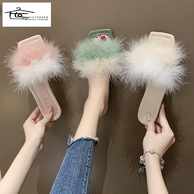 Dép Lông Xù Đế Bằng Chống Trượt Đính Nơ Xinh Xắn Thời Trang Mùa Hè