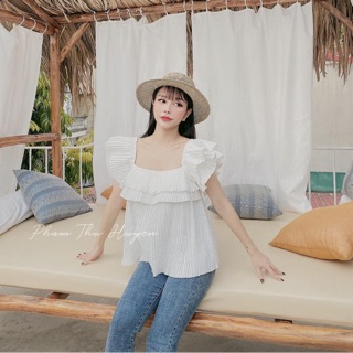 Áo cổ vuông xếp ly bánh bèo, tiểu thư(kèm ảnh thật)