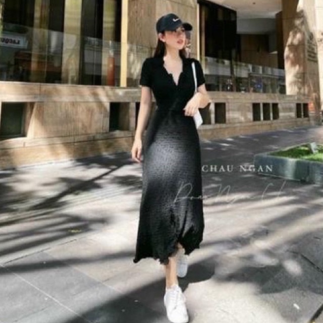 Váy Body Xốp Len Mongtoghi Xòe Đuôi Cá Cúc Ngực Dáng Dài cổ sơ mi Đầm maxi ôm bó