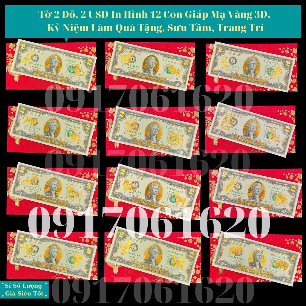 Tờ 2 Đô, 2 USD In Hình 12 Con Giáp Mạ Vàng 3D Kỷ Niệm Làm Quà Tặng rất độc đáo, Sưu Tầm, Trang Trí