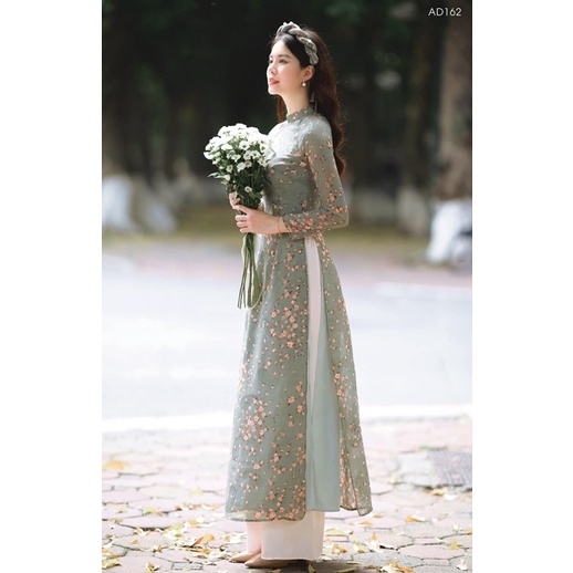 Áo Dài Hoa Nhí 4 Tà- Áo dài voan tơ 2 tone màu kèm quần