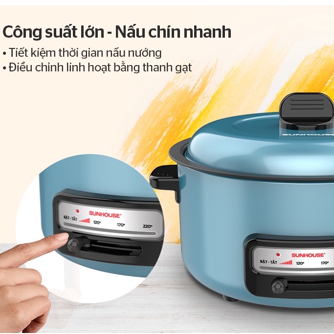 Nồi lẩu điện mini Sunhouse, nôi nấu lẩu tráng men chống dính đa năng 3l - 4l nấu canh, hấp, chiên, xào - HAPOS