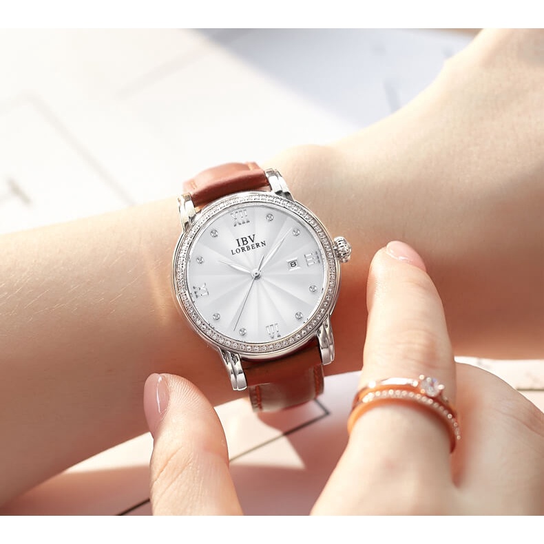 Đồng hồ nữ chính hãng LORBERN No.6806L-6 Kính sapphire ,chống xước,Chống nước,BH 12 tháng,Máy cơ (Automatic) ,dây da nâu