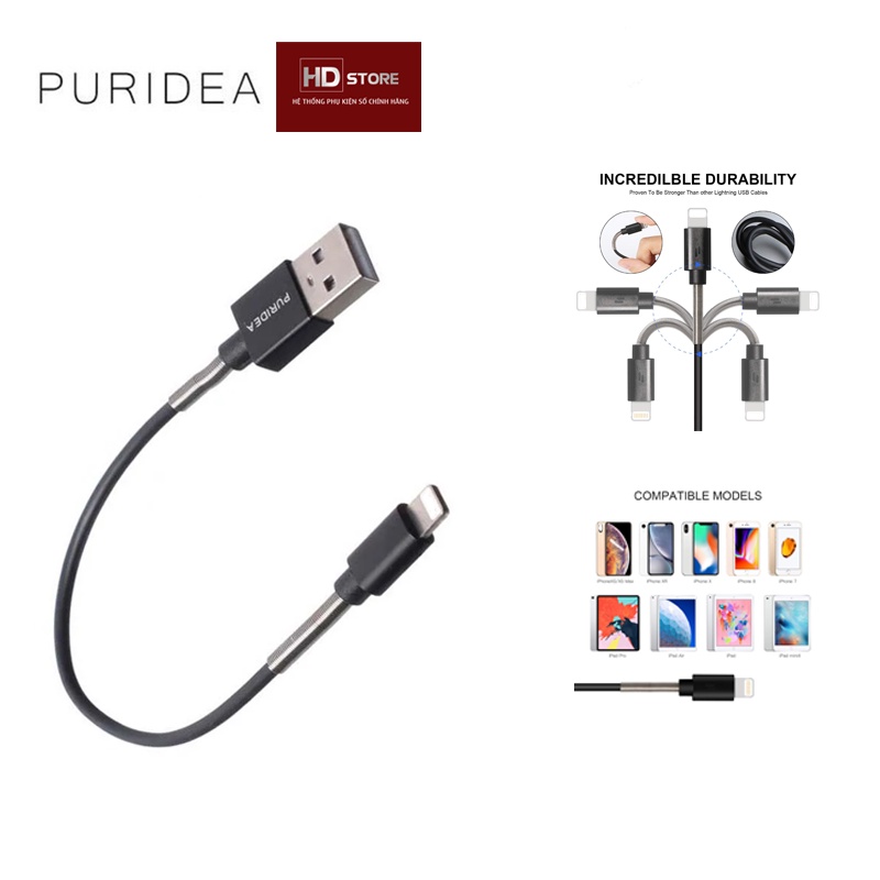 Cáp ngắn Puridea 20Cm Usb to Lighting đầu bọc Lò sạc nhanh 12W 2.4A dùng kèm Pin dự Phòng 0.2M