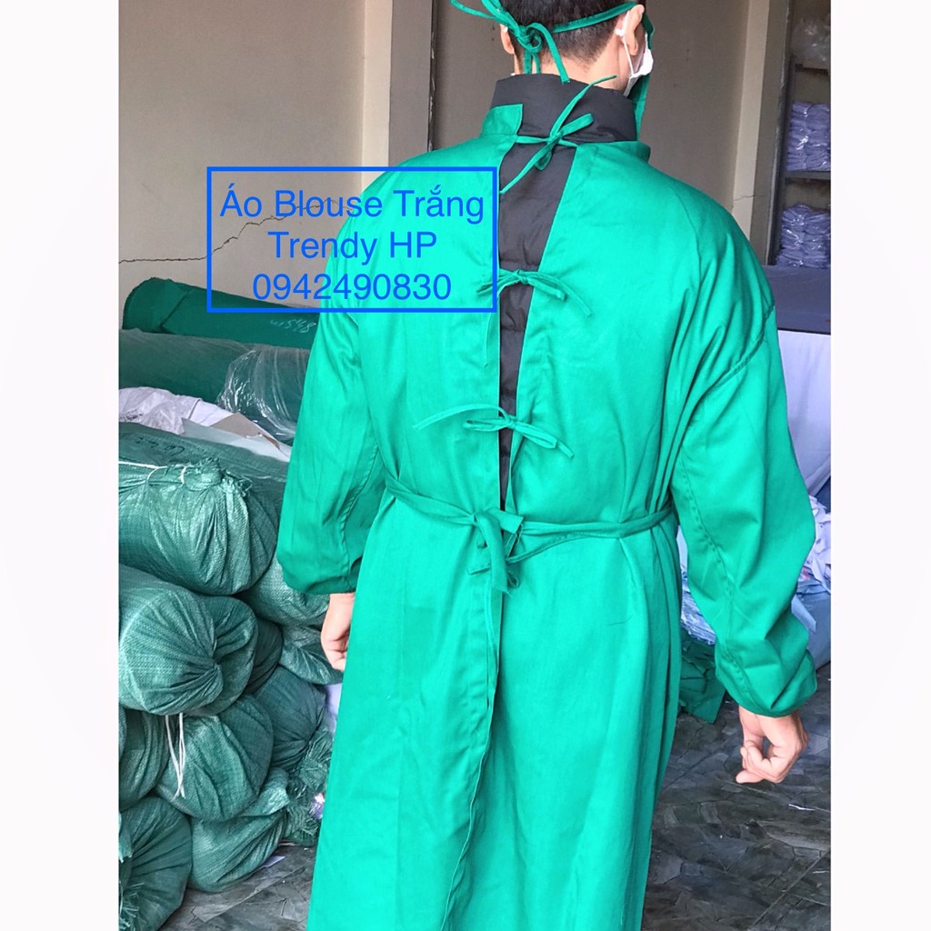 Áo choàng xanh lục phòng mổ, áo khoác phẫu thuật nam nữ có sẵn khẩu trang cho bác sĩ, y tá
