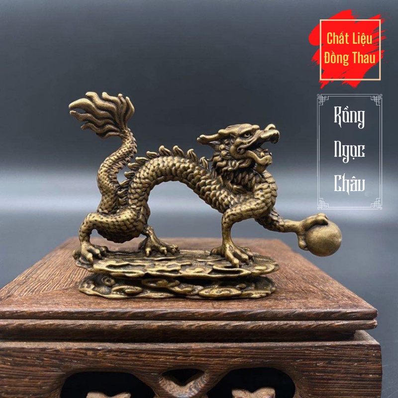 Tượng Đồng Phong Thủy May Mắn Tài Lộc Hình Con Rồng Ngọc Châu Có Đế