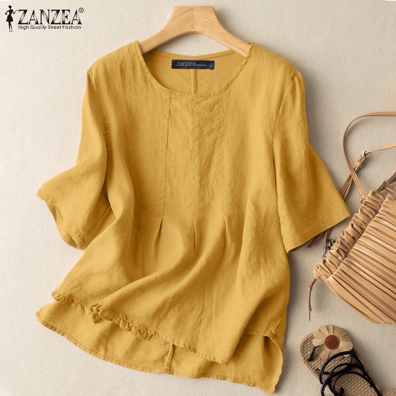 ZANZEA Áo Thun Nữ Ngắn Tay Cổ Tròn Vạt Không Đều Thời Trang