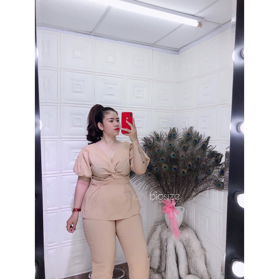 SET đồ bộ bigsize gồm áo peplum và quần lở 9 tấc chất thun dày dặn co dãn thoải mái, size L-XL-XXL, màu Đen_Đỏ_Nude