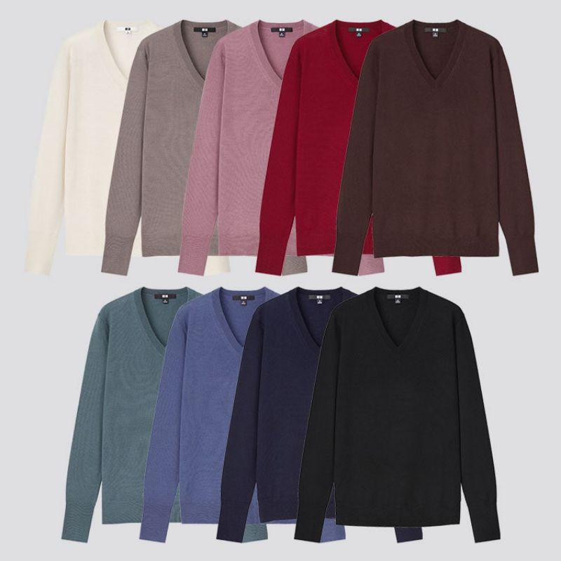Áo len lông cừu Merino cổ tim dài tay