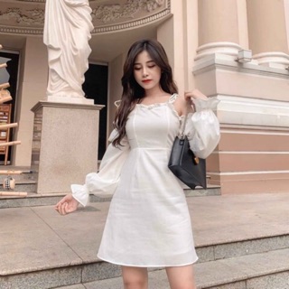 Đầm Dự Tiệc Trắng Cột Dây Trễ Vai