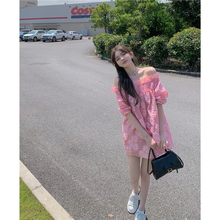 Đầm Trễ Vai Màu Hồng Phong Cách Hàn Quốc Thời Trang Mùa Hè Cho Nữ