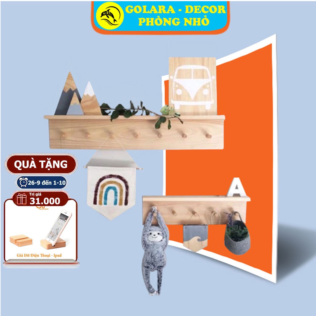 Móc Treo Quần Áo Gỗ Gắn Tường - Có Gắn Kệ Tiện Dụng - Loại 5 - 6 - 7 Móc