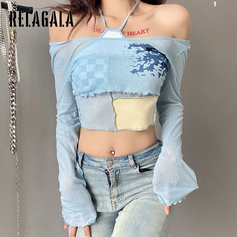 Relagala Áo Tank Top Tay Dài Dáng Ôm Màu Tương Phản In Họa Tiết Thời Trang Cho Nữ