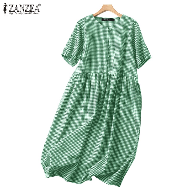 Đầm ZANZEA tay ngắn cổ chữ V dáng rộng họa tiết ca rô thời trang dành cho nữ