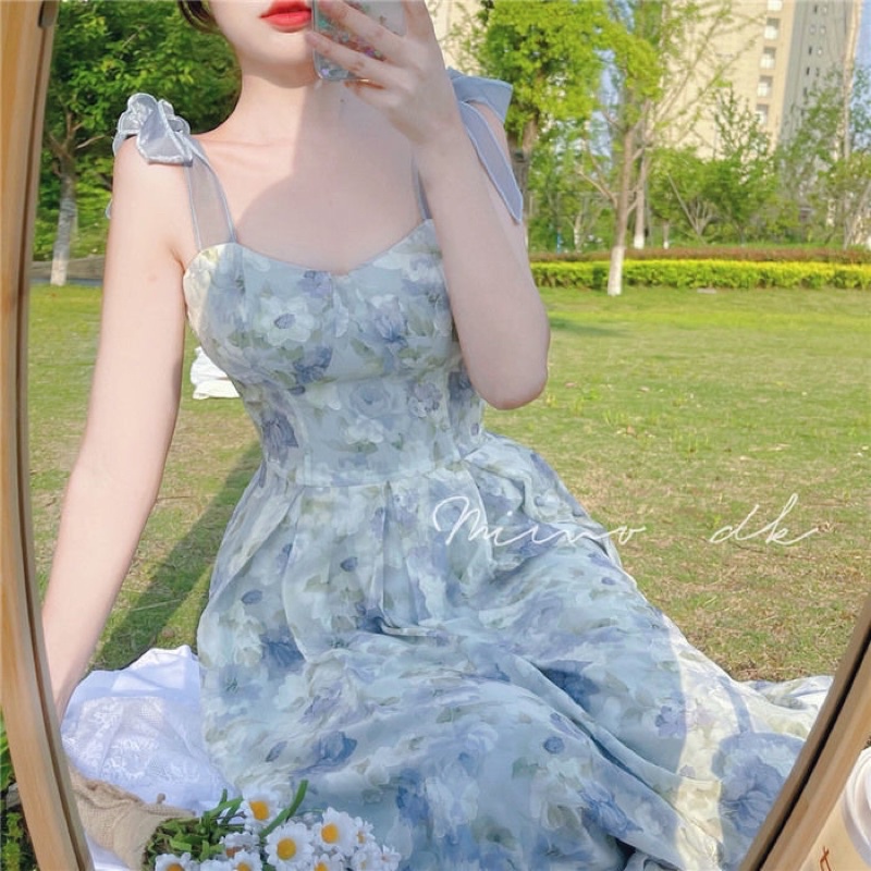 Đầm maxi váy hai dây dáng dài hoa xanh