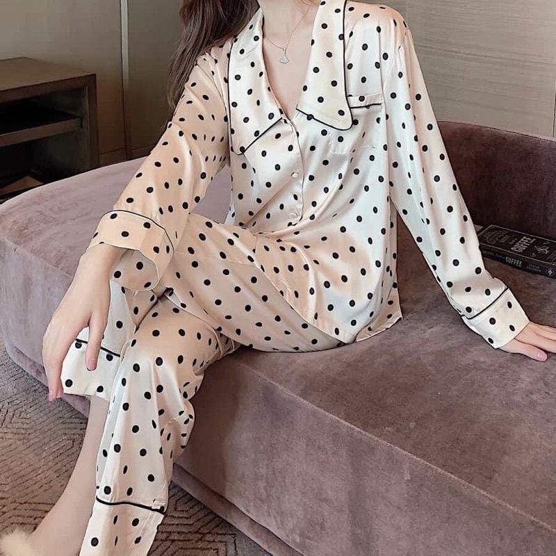 Đồ bộ nữ, pijama dễ thương, SOMNIA, đồ ngủ bigsize, bộ lụa mặc nhà họa tiết chấm bi, pyjama cao cấp lụa hàn