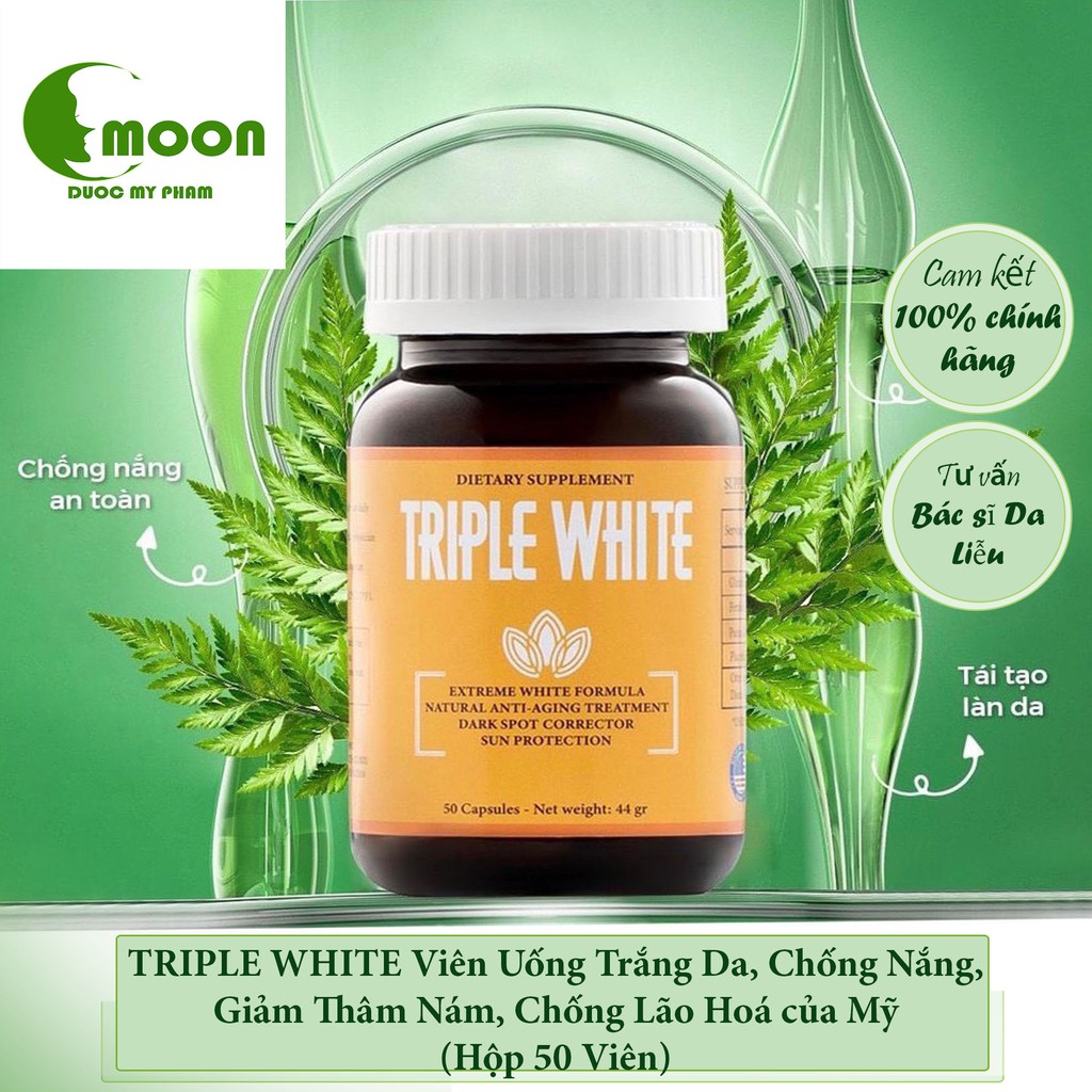 [CHÍNH HÃNG] TRIPLE WHITE Viên Uống Trắng Da, Chống Nắng, Giảm Thâm Nám, Chống Lão Hoá của Mỹ (Hộp 50 Viên) | Thế Giới Skin Care