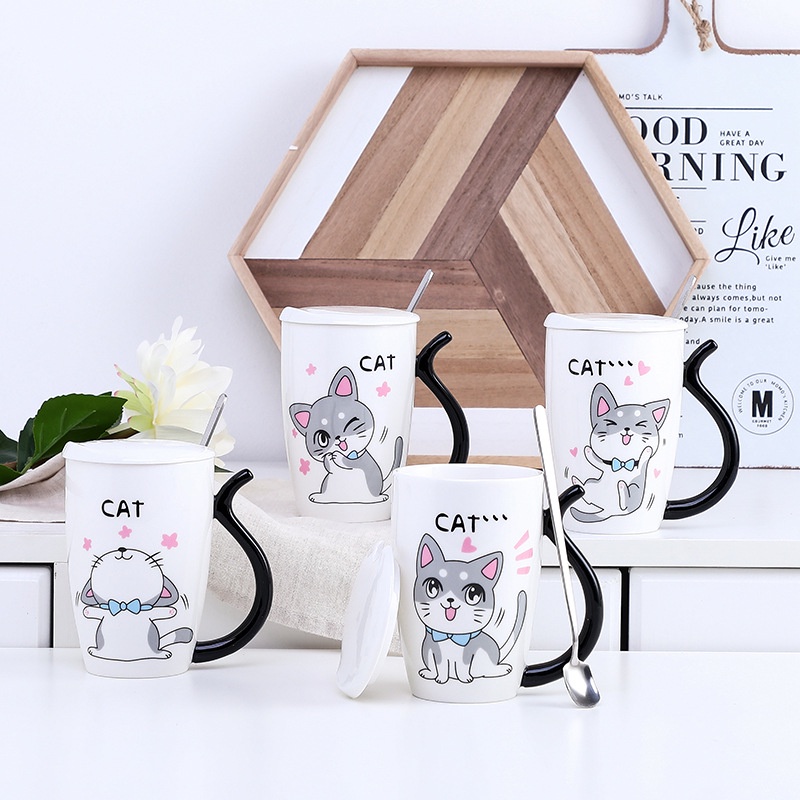 Lý Cốc Sứ cho dân văn phòng hoạt tiết hình chú mèo xinh xinh, Ly uống nước, Ly pha cà phê. Ly pha trà.