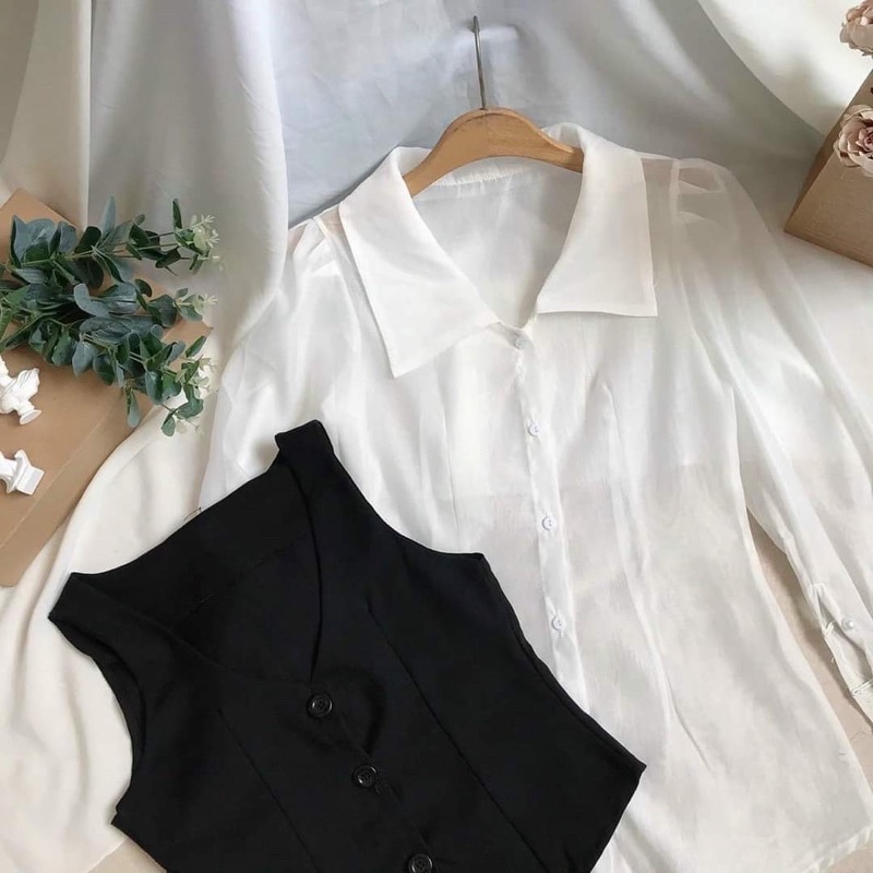 Áo sơ mi phối áo gile AJ004