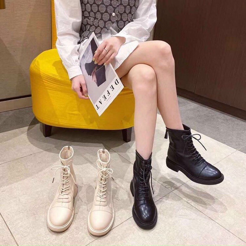 Boot cổ cao nữ Đan dây khoá sau hót hít da lì .