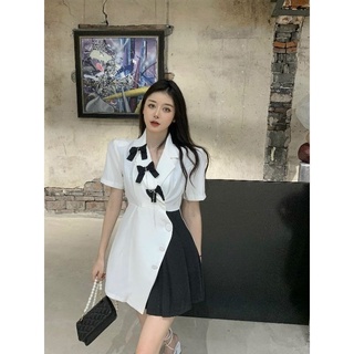 Đầm ngắn tay cổ vest xếp ly ôm eo kiểu pháp thời trang xuân hè cho nữ