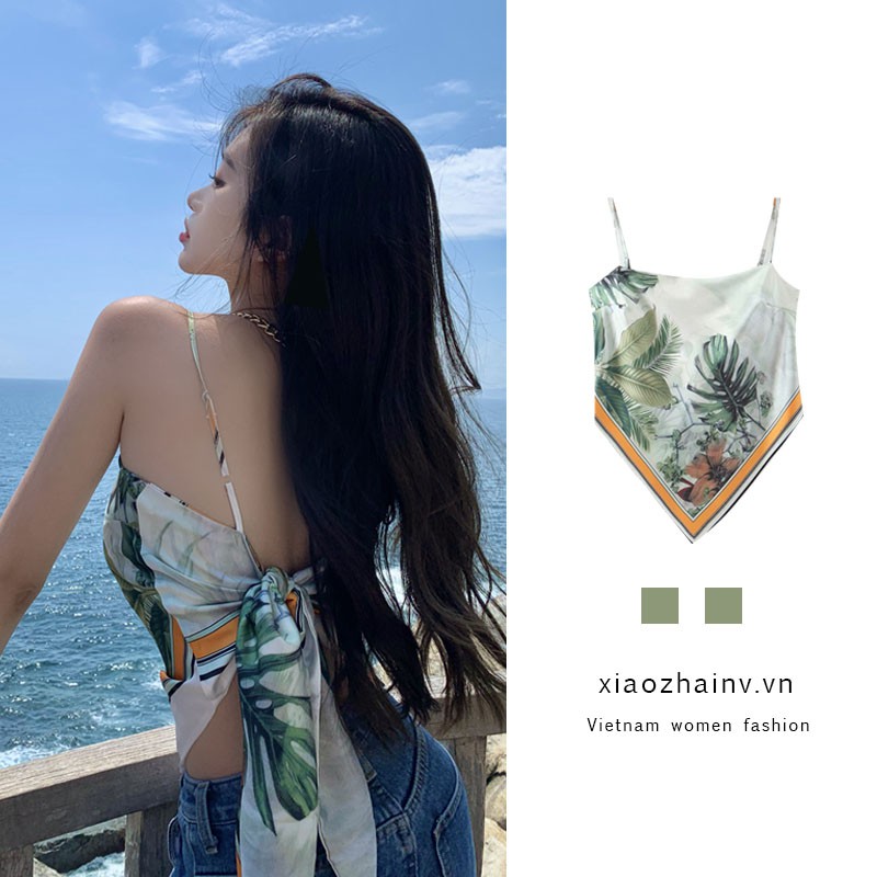 Xiaozhainv Áo Croptop Hai Dây In Họa Tiết Phong Cách Retro Quyến Rũ