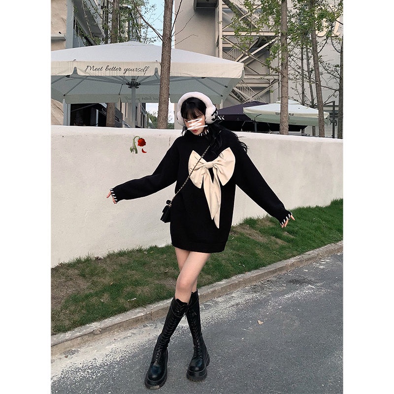 COZOK Đầm Dệt Kim Tay Dài Dáng Ôm Phối Nơ Xẻ Tà Xinh Xắn Cho Nữ