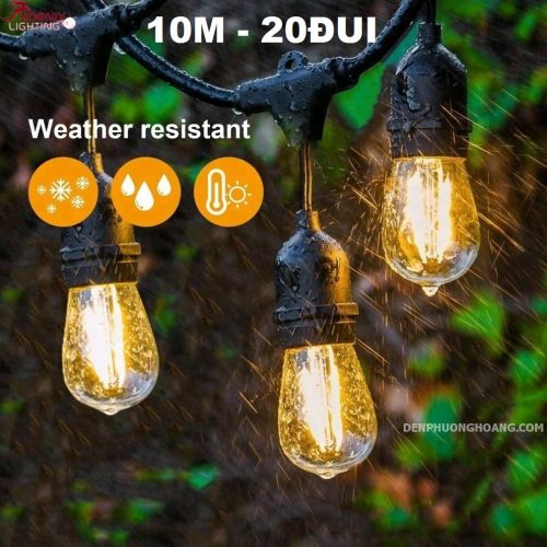 Đèn dây trang trí ngoài trời 10 mét kèm 20 đui kín nước IP65 - Lõi đồng, loại 1, Chưa kèm bóng đèn