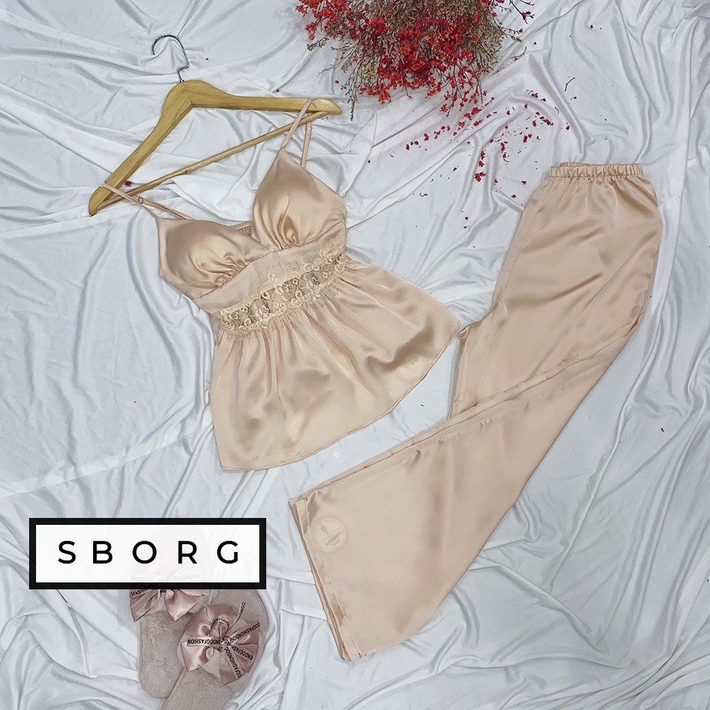 Đồ bộ mặc nhà SBORG Bộ ngủ lụa satin latin cao cấp áo 2 dây viền bèo quần dài mềm mịn freesize dưới 55kg quà tặng vợ