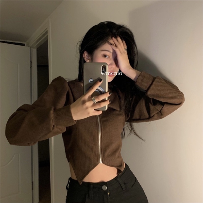 Áo khoác croptop dài tay khoá kéo tay bồng thời trang