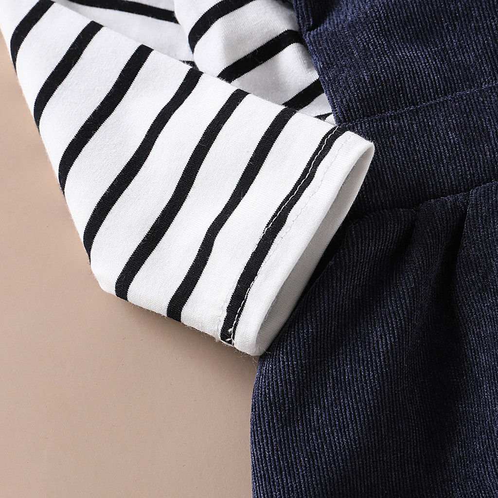 Bộ trang phục MIKRDOO áo tay dài hoạ tiết kẻ sọc và quần có dây đeo vai cotton thời trang mùa thu xinh xắn cho bé gái