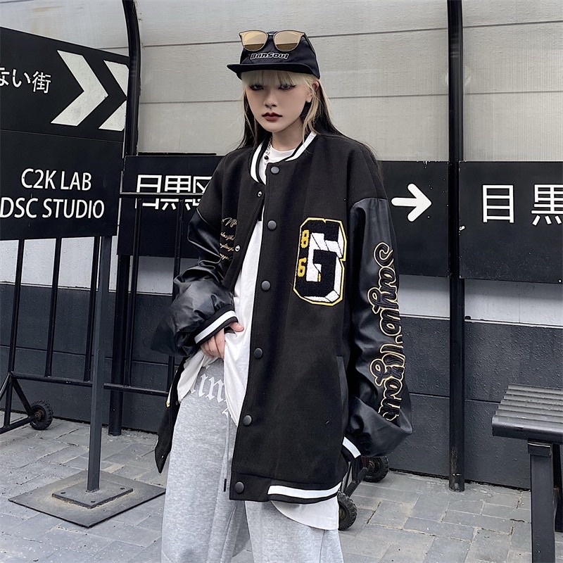 Varsity bomber jacket - nỉ phối tay da chữ G ( Có ảnh thật )