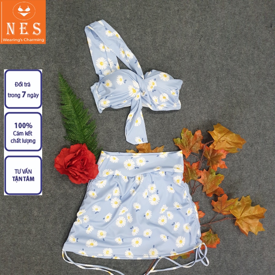 Bikini Bộ Đồ Bơi Nữ NES 2 Mảnh Hoa Cúc Lệch Vai Nơ To Sexy Tôn Dáng  Freesize (40-55 Kg) Thun Lạnh Co Giãn 4 Chiều
