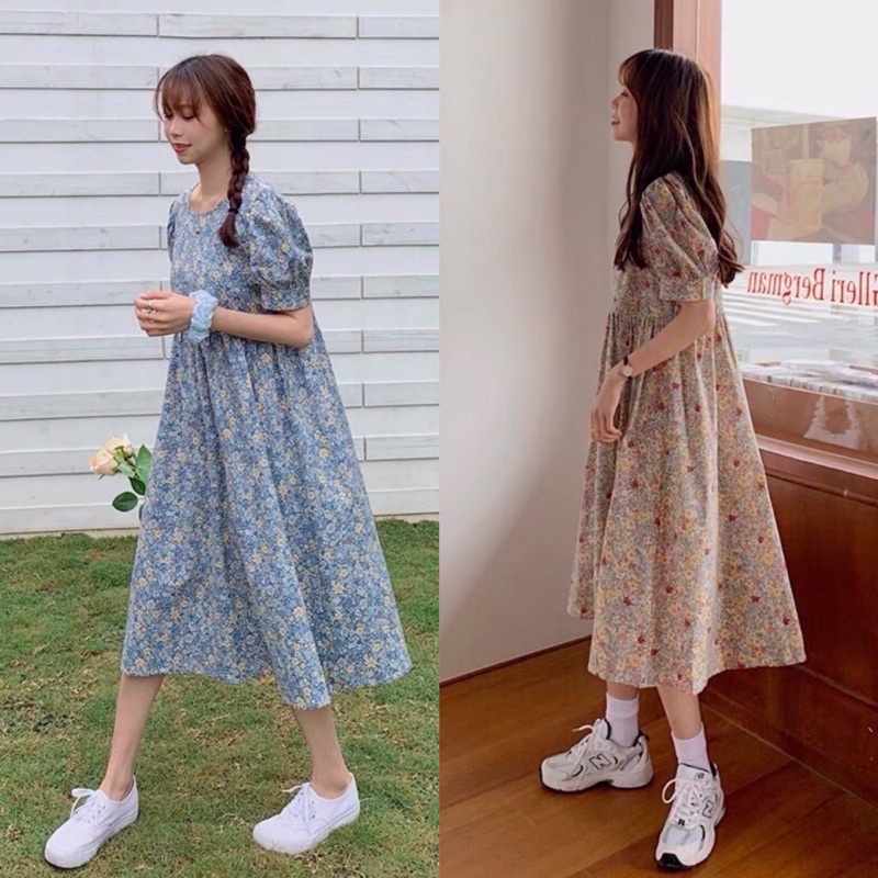 Váy hoa nhí cỏ babydoll cổ tròn có dây đai buộc eo thon gọn đầm dễ thương