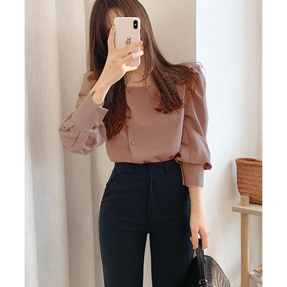 Áo sơ mi công sở ❣️FREESHIP❣️ÁO CỔ VUÔNG PHỐI NÚT- Hàng thiết kế chuẩn