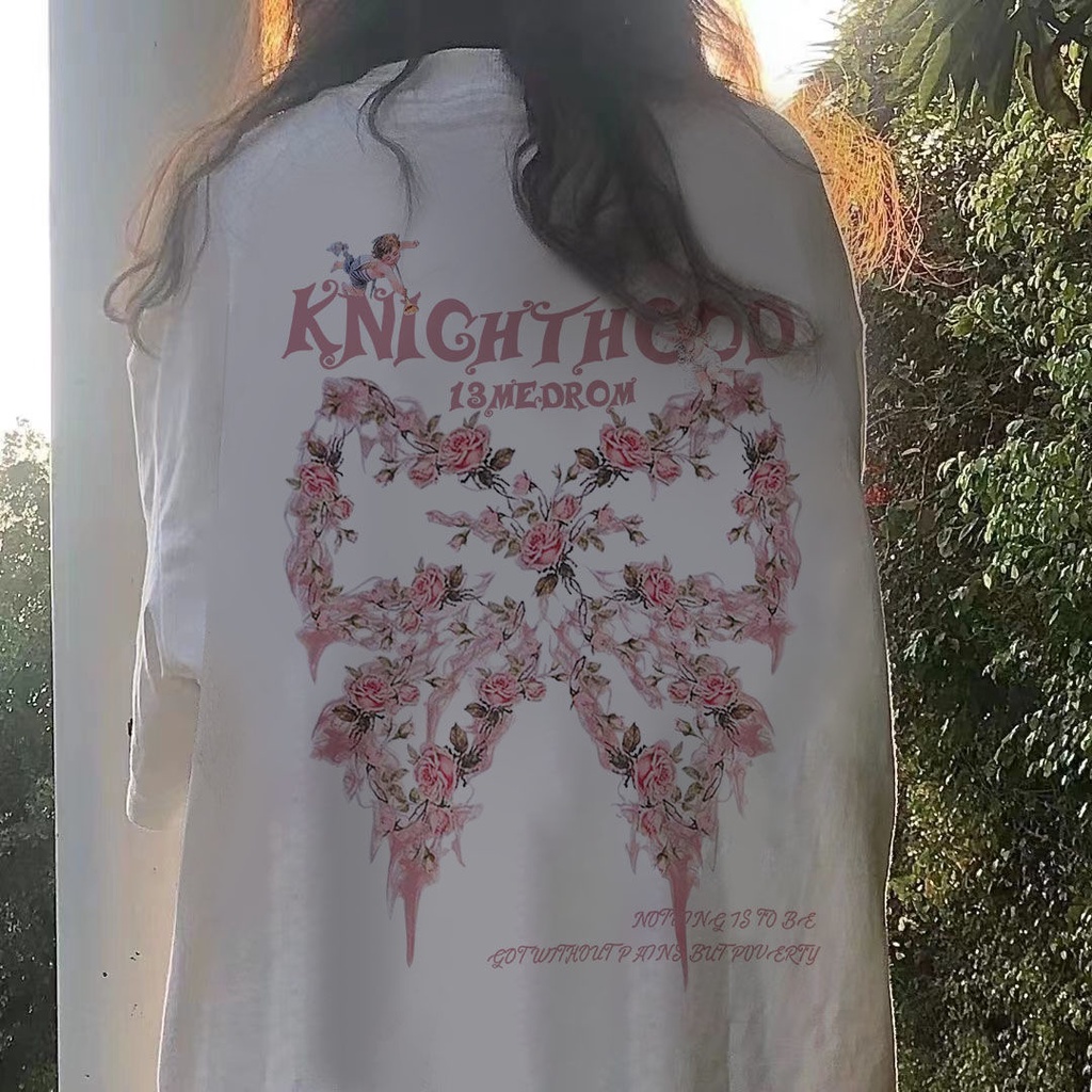 Jiashucheng Áo Thun Ngắn Tay Dáng Rộng In Họa Tiết Hoa Hồng Thắt Nơ Kiểu Retro Mỹ Dễ Phối Đồ Hợp Thời Trang Mùa Hè