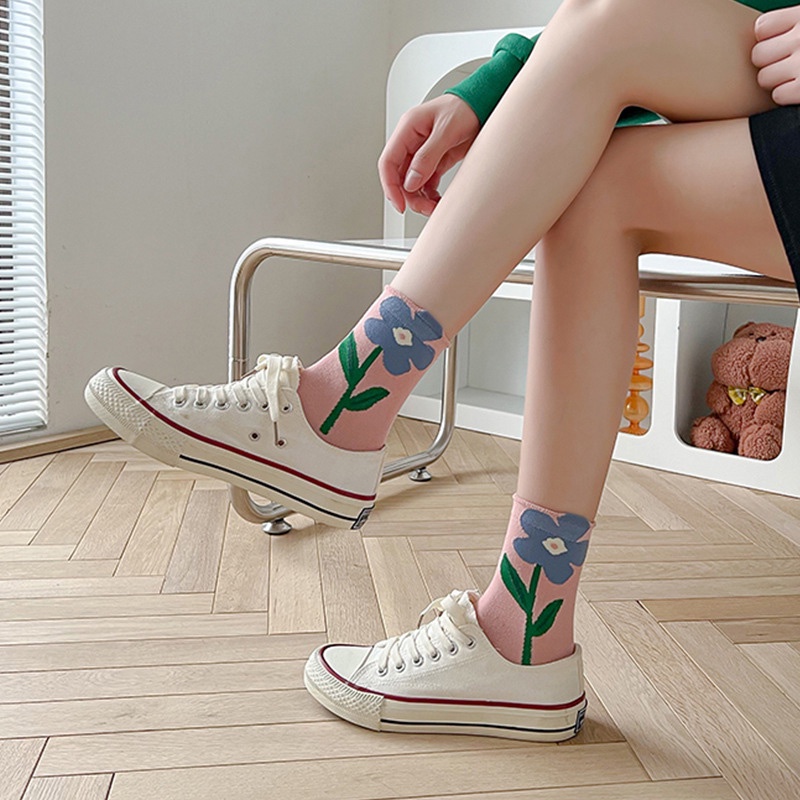 Tất cổ cao nữ họa tiết 3D hình bông hoa siêu xinh chất Cotton mềm mịn co giãn khử mùi thấm hút mồ hôi cực tốt TD048