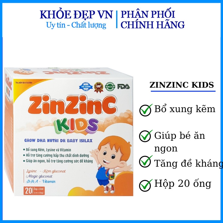 Siro Zinzin C Kids bổ sung Kẽm, Lysine và Vitamin hỗ trợ tăng cường hấp thu chất dinh dưỡng cho bé – Hộp 20 ống