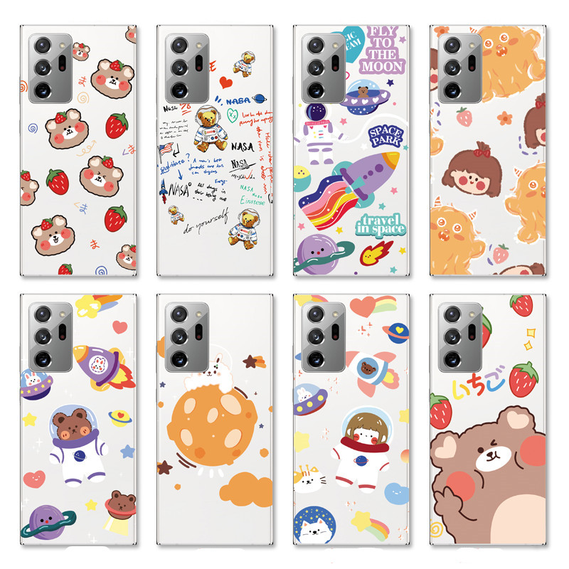 Samsung Galaxy Note 20 Ultra 5G/Note 8 9 10+ Pro INS Cute Cartoon Little brown bear Clear Soft Silicone TPU Phone Casing Lovely astronaut Rocket ship Case Couple Back Cover