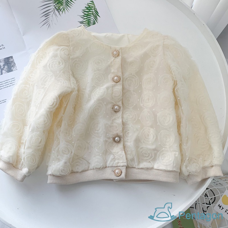 Áo Khoác Cardigan Tay Dài Có Gân Và Nút Ngọc Trai Dễ Thương Dành Cho Bé Gái