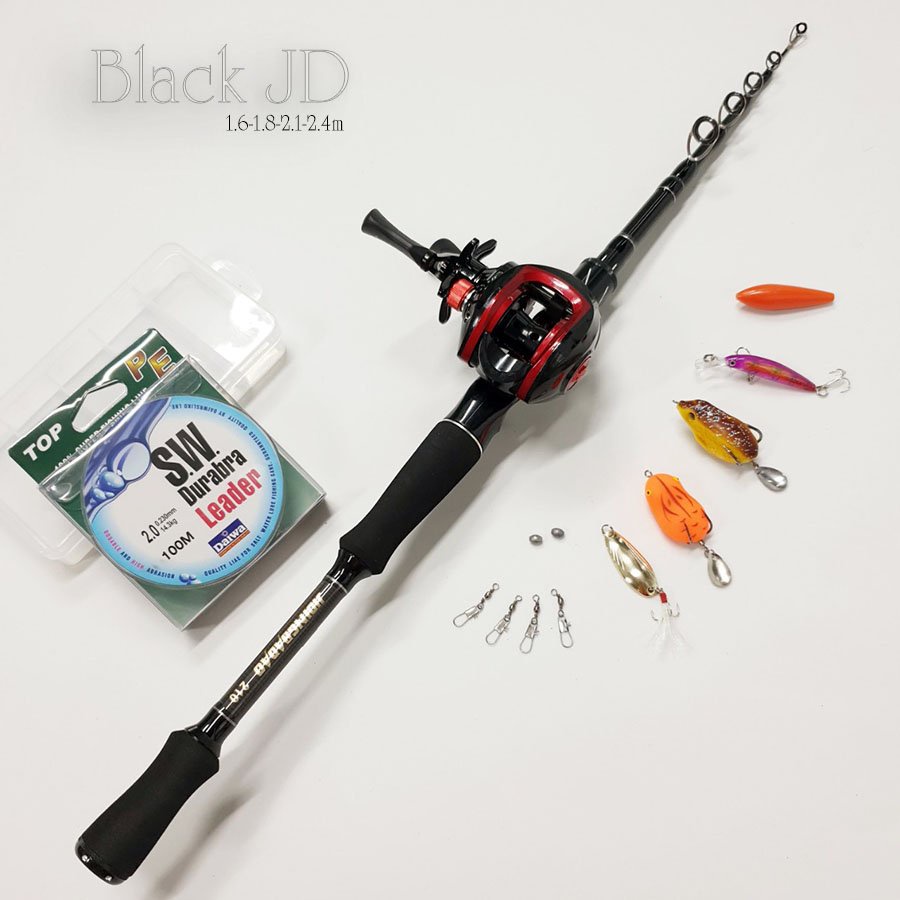 Bộ cần câu lure máy ngang rút gọn 60cm chất liệu carbon độ dài 1m6 - 1m8 - 2m1 - 2m4 kèm máy ngang và hộp mồi lure