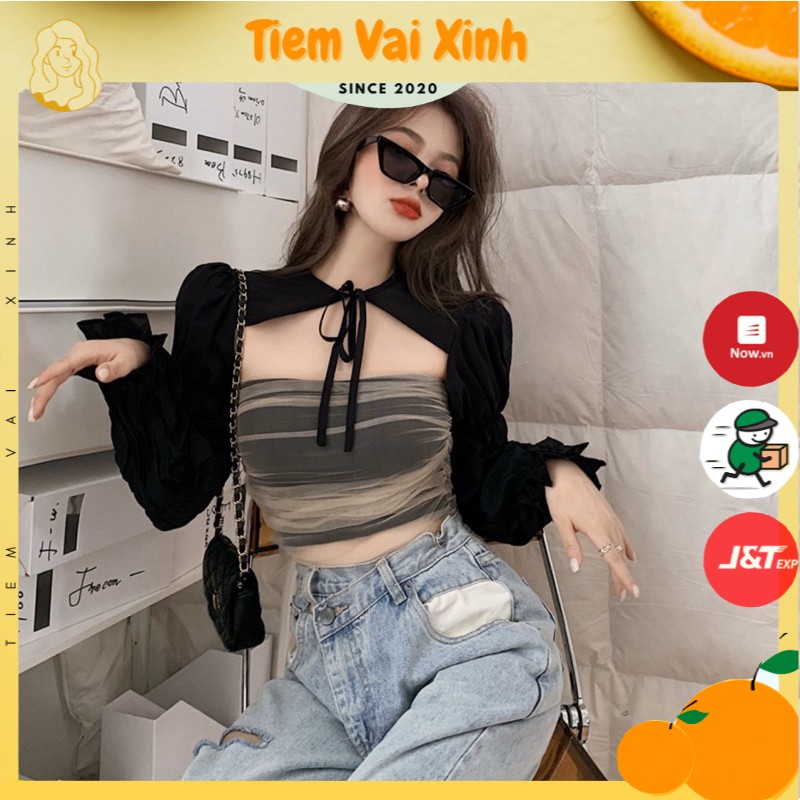 Áo Croptop [Tiệm Vải Xinh] Áo Quây Ngực Ren Mix Áo Dài Tay Nơ Buộc Cổ CT002
