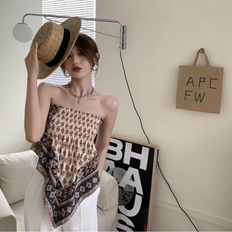 Áo bo chun hoạ tiết boho Áo kiểu khăn ống